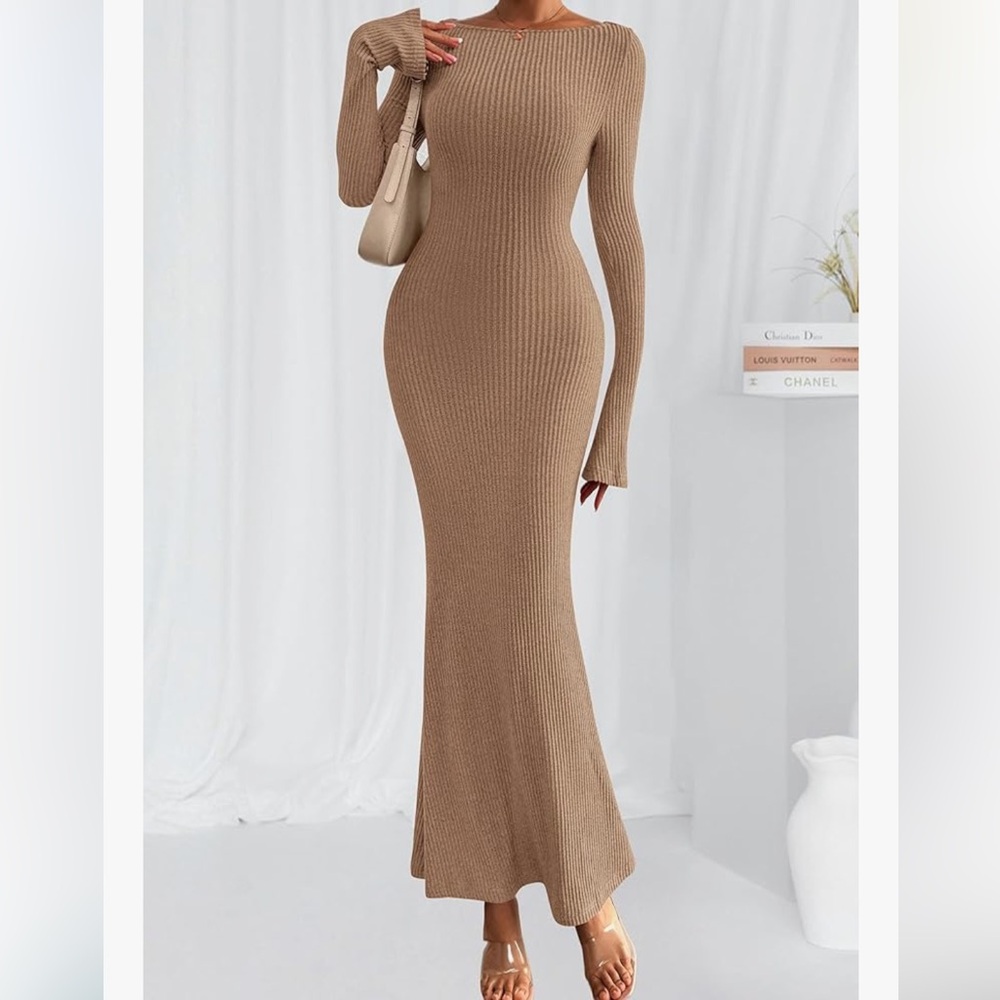 PRETTYGARDEN Long Sleeve Ribbed Bodycon Maxi Dress